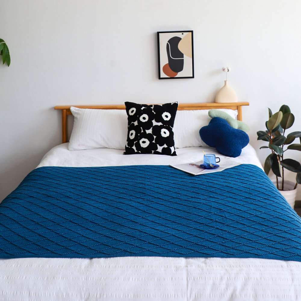 49" X 91" Royal Blue Flannel Knitted Geometric Throw Blanket with Tassels
