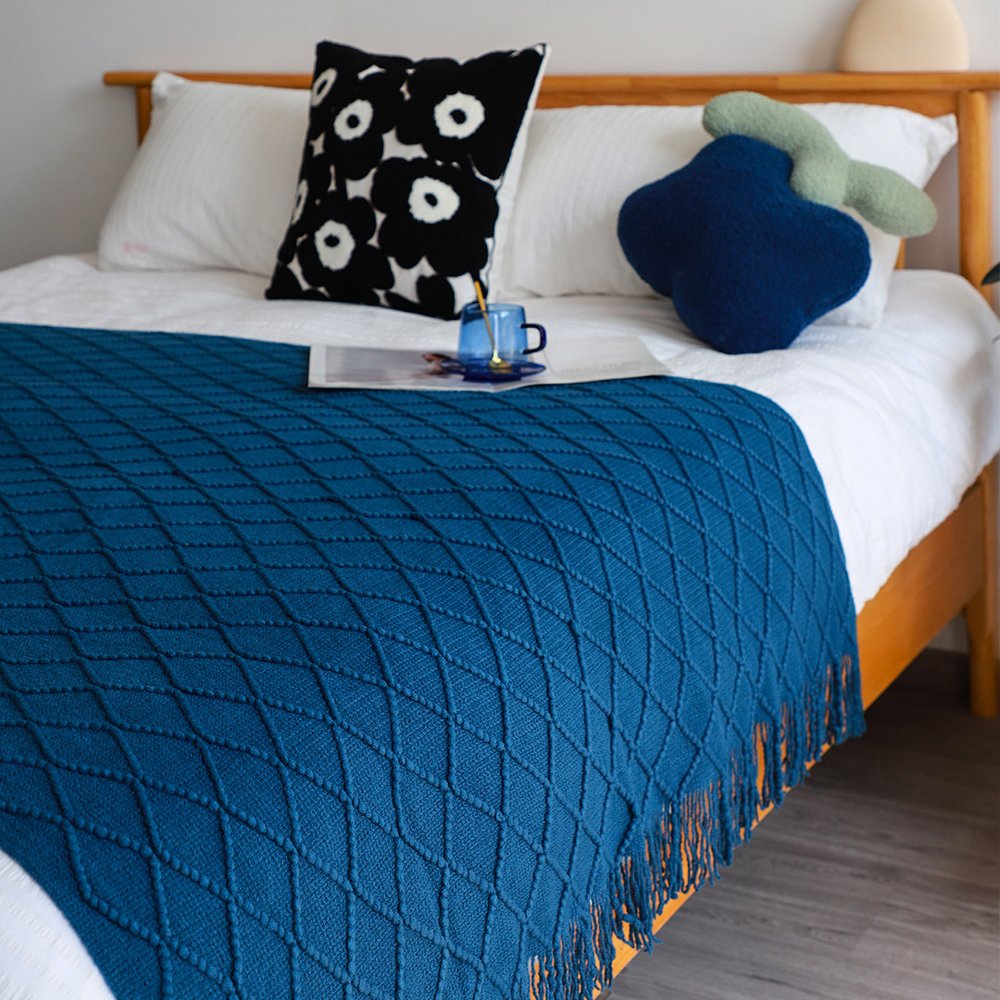 49" X 91" Royal Blue Flannel Knitted Geometric Throw Blanket with Tassels