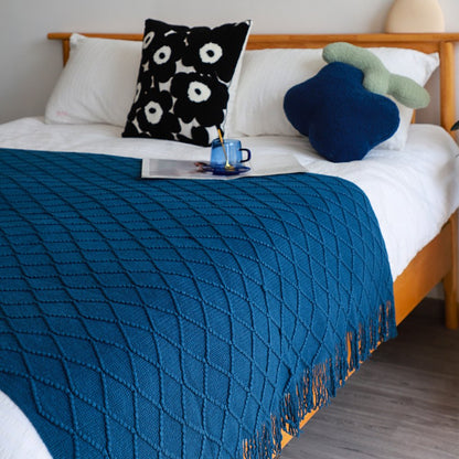 49" X 91" Royal Blue Flannel Knitted Geometric Throw Blanket with Tassels