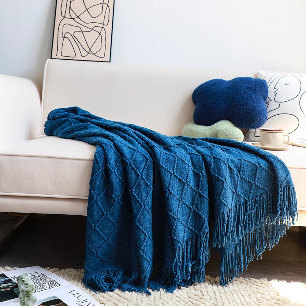 49" X 91" Royal Blue Flannel Knitted Geometric Throw Blanket with Tassels