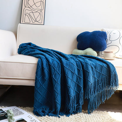 49" X 91" Royal Blue Flannel Knitted Geometric Throw Blanket with Tassels