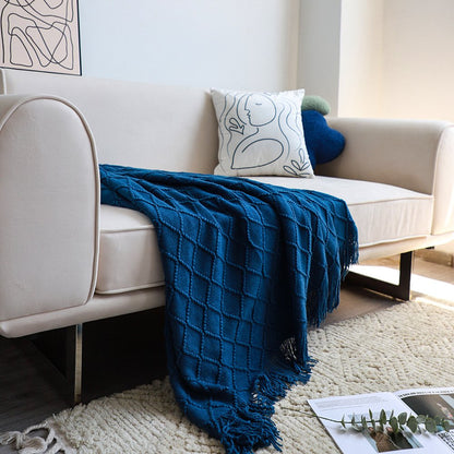 49" X 91" Royal Blue Flannel Knitted Geometric Throw Blanket with Tassels