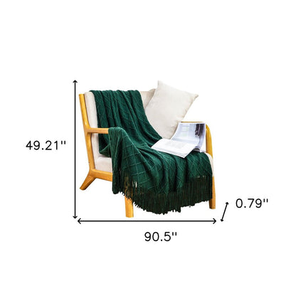 49" X 91" Green Flannel Knitted Geometric Throw Blanket with Tassels