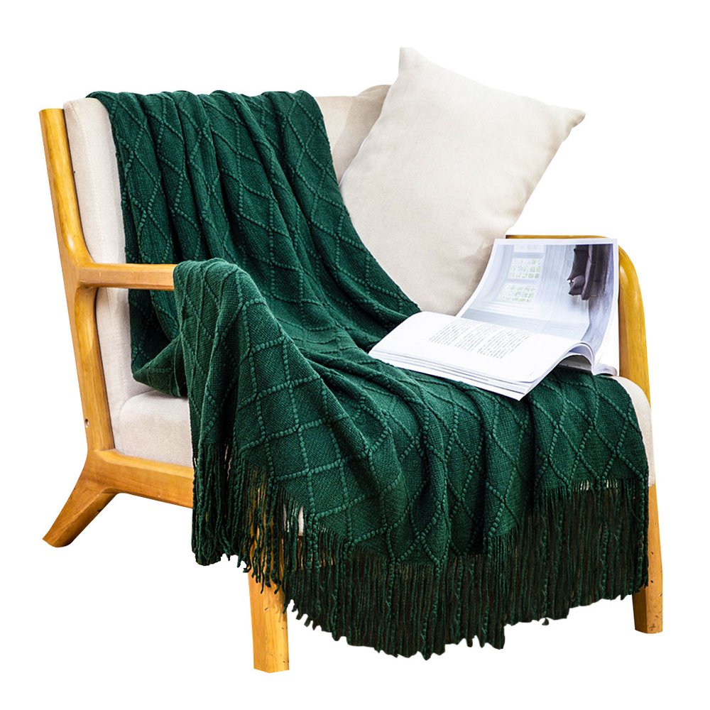 49" X 91" Green Flannel Knitted Geometric Throw Blanket with Tassels