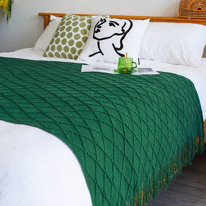 49" X 91" Green Flannel Knitted Geometric Throw Blanket with Tassels