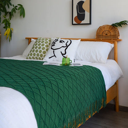 49" X 91" Green Flannel Knitted Geometric Throw Blanket with Tassels