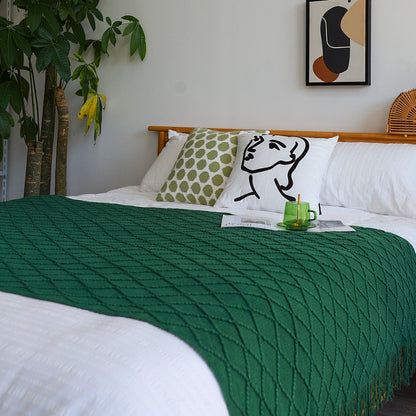 49" X 91" Green Flannel Knitted Geometric Throw Blanket with Tassels