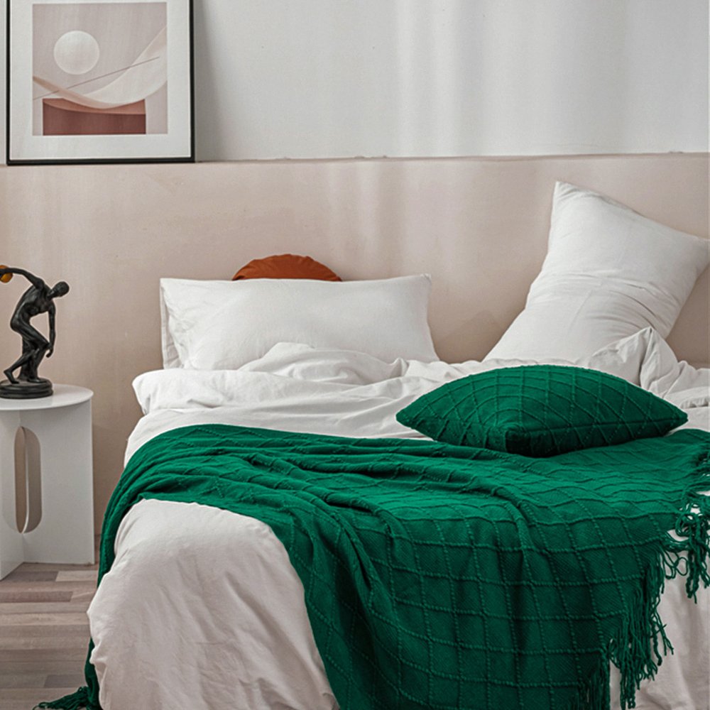 49" X 91" Green Flannel Knitted Geometric Throw Blanket with Tassels