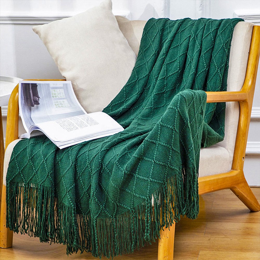 49" X 91" Green Flannel Knitted Geometric Throw Blanket with Tassels