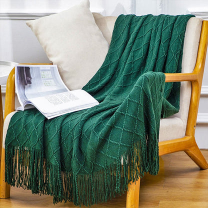 49" X 91" Green Flannel Knitted Geometric Throw Blanket with Tassels