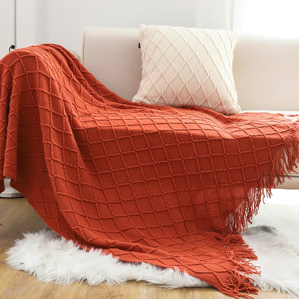 49" X 91" Red Flannel Knitted Geometric Throw Blanket