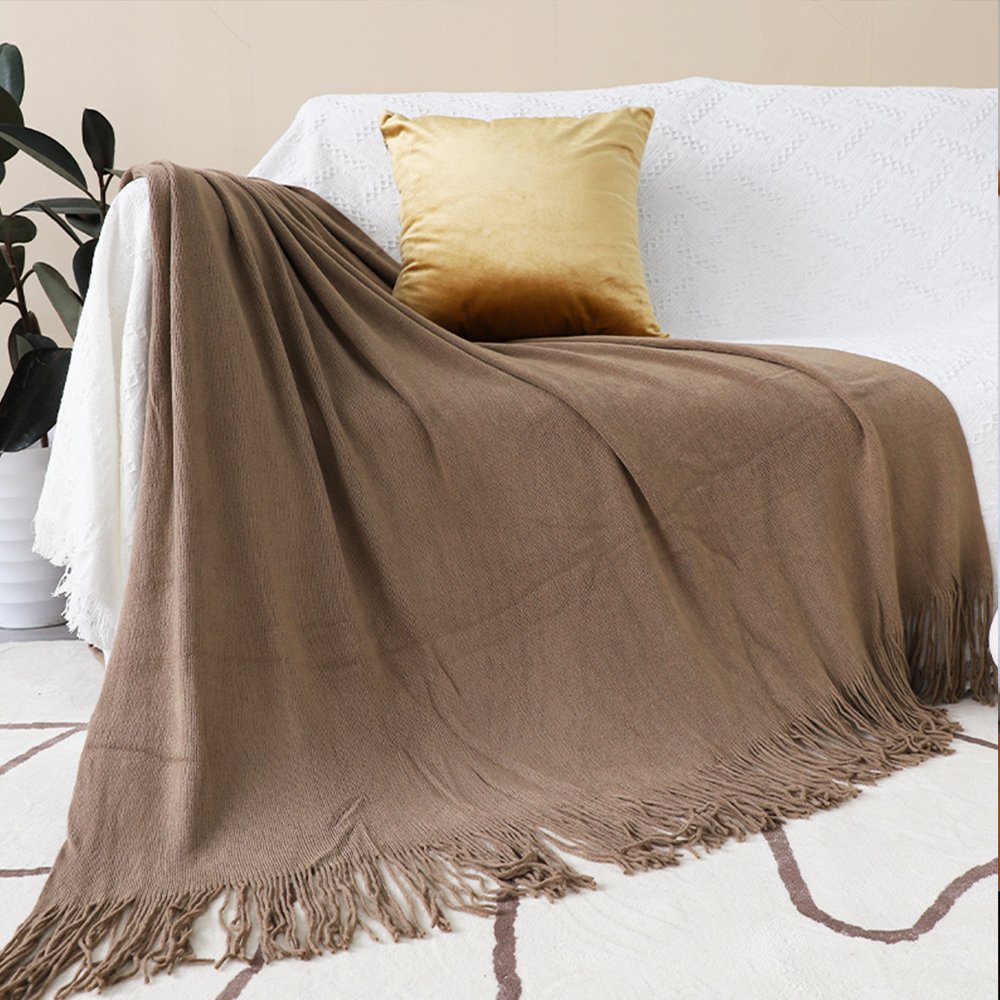 50" X 87" Coffee Acrylic Knitted Throw Blanket with Fringe