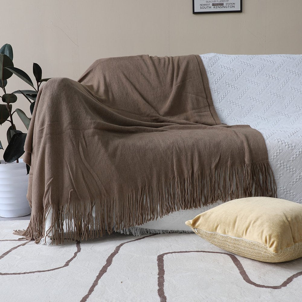 50" X 87" Coffee Acrylic Knitted Throw Blanket with Fringe
