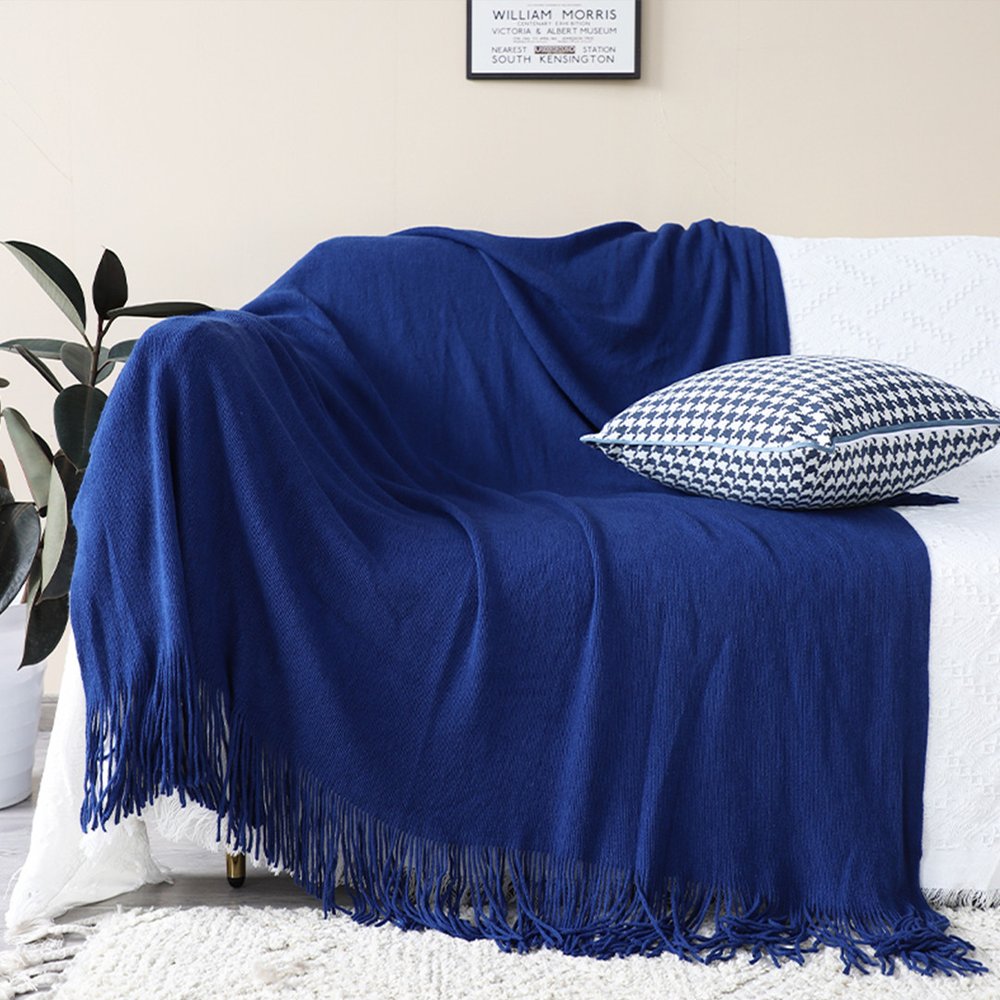 50" X 87" Royal Blue Acrylic Knitted Throw Blanket with Fringe