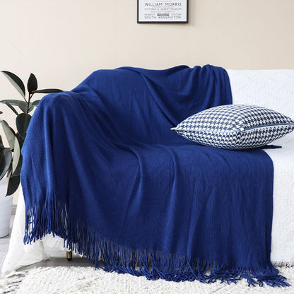 50" X 87" Royal Blue Acrylic Knitted Throw Blanket with Fringe