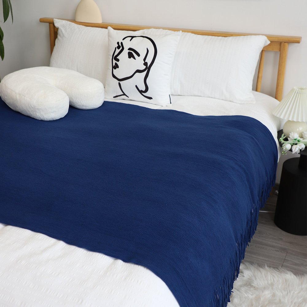 50" X 87" Royal Blue Acrylic Knitted Throw Blanket with Fringe