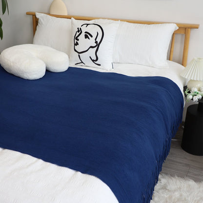 50" X 87" Royal Blue Acrylic Knitted Throw Blanket with Fringe