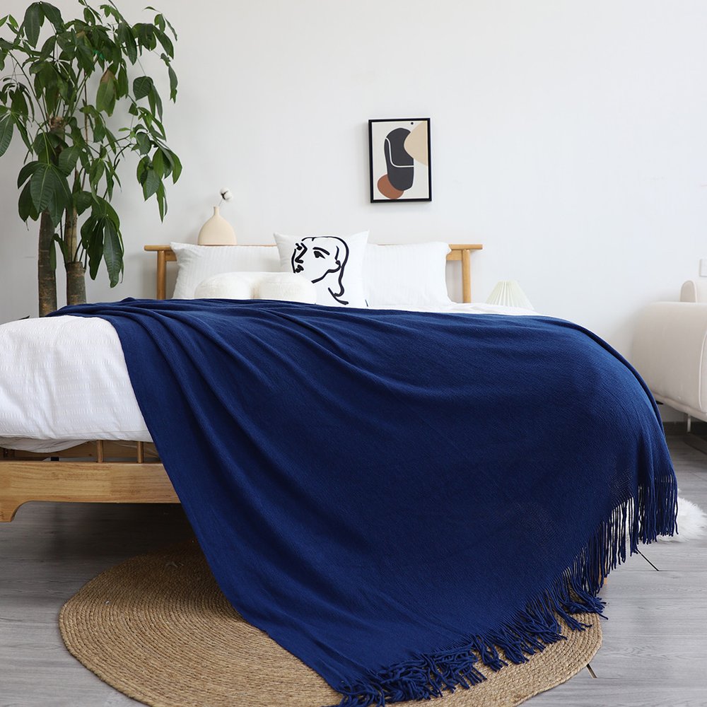 50" X 87" Royal Blue Acrylic Knitted Throw Blanket with Fringe