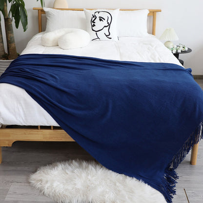 50" X 87" Royal Blue Acrylic Knitted Throw Blanket with Fringe