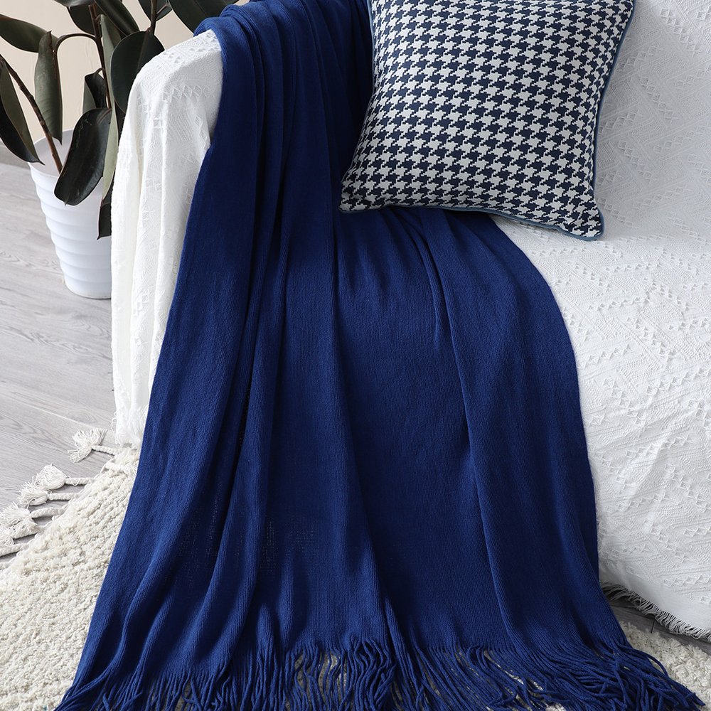 50" X 87" Royal Blue Acrylic Knitted Throw Blanket with Fringe