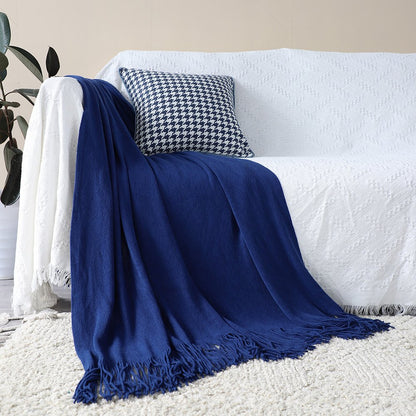 50" X 87" Royal Blue Acrylic Knitted Throw Blanket with Fringe