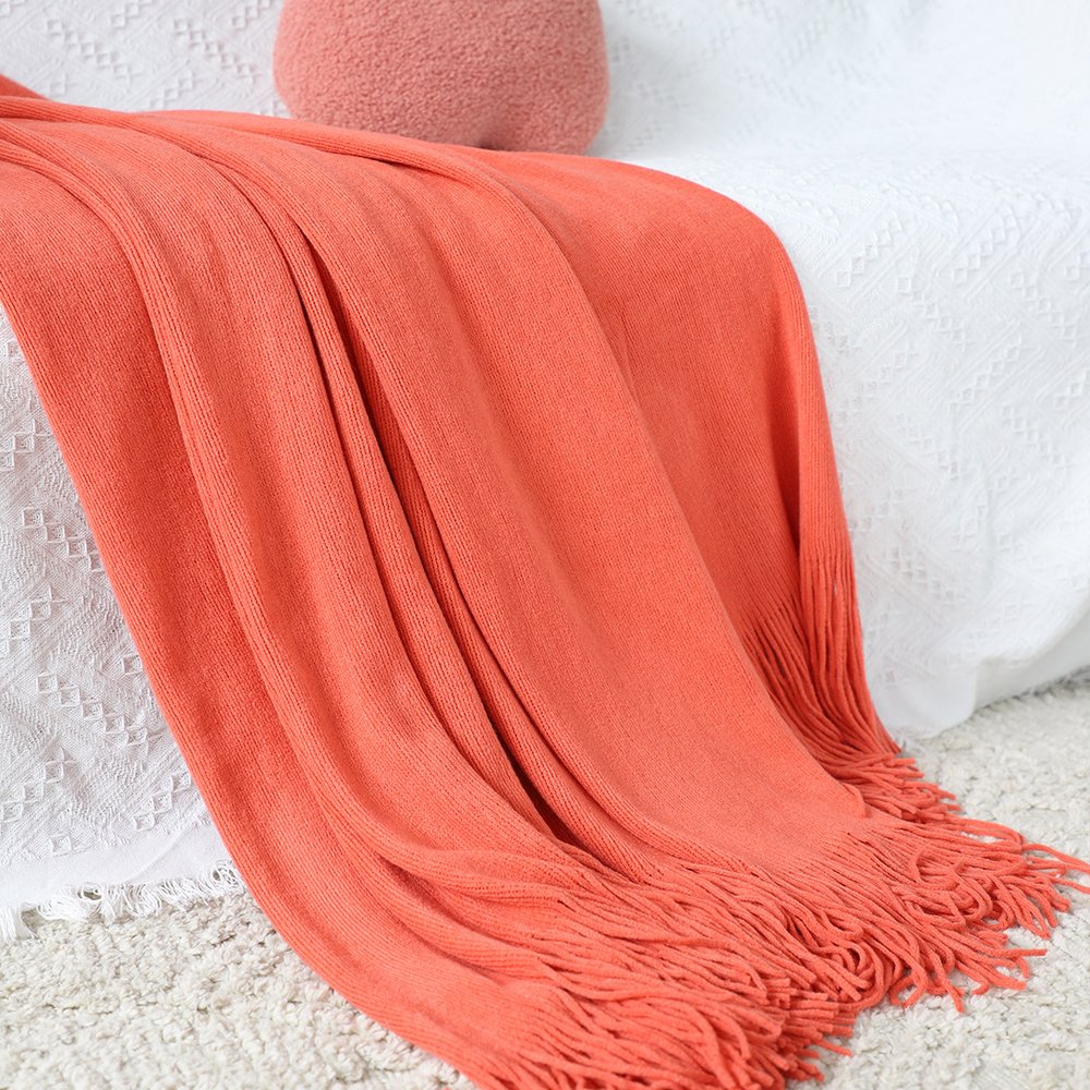 50" X 87" Orange Acrylic Knitted Throw Blanket with Fringe