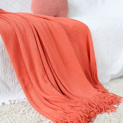 50" X 87" Orange Acrylic Knitted Throw Blanket with Fringe