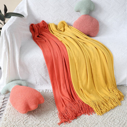 50" X 87" Orange Acrylic Knitted Throw Blanket with Fringe