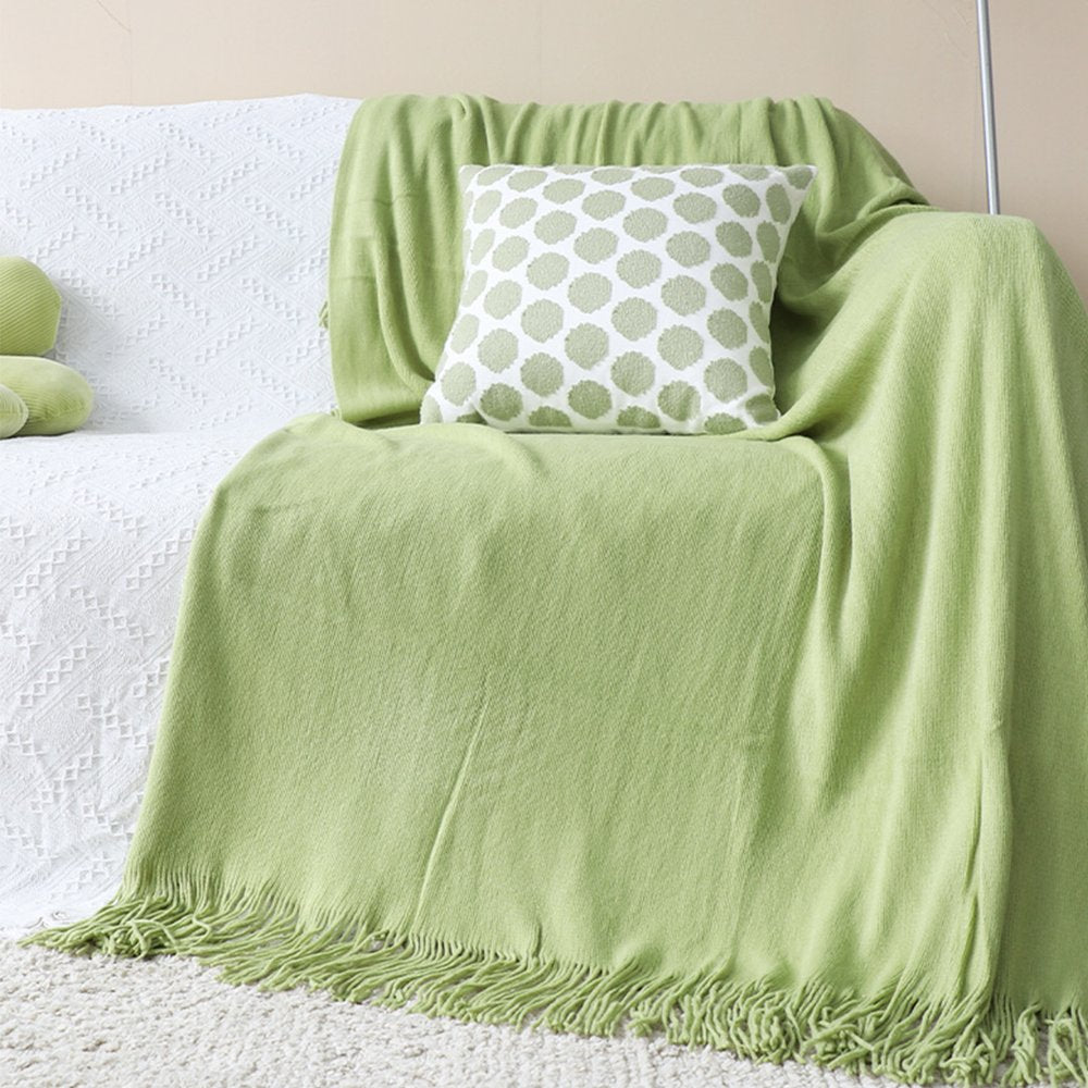 50" X 87" Green Acrylic Knitted Throw Blanket with Fringe