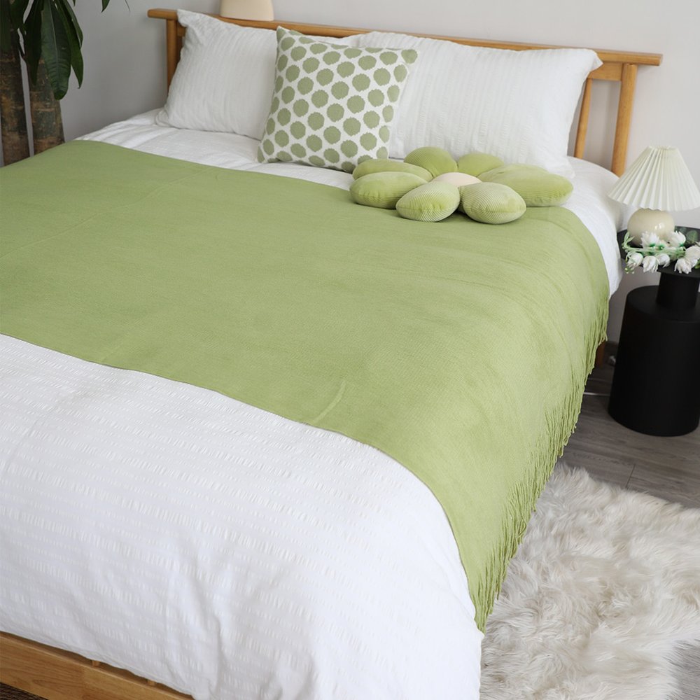 50" X 87" Green Acrylic Knitted Throw Blanket with Fringe