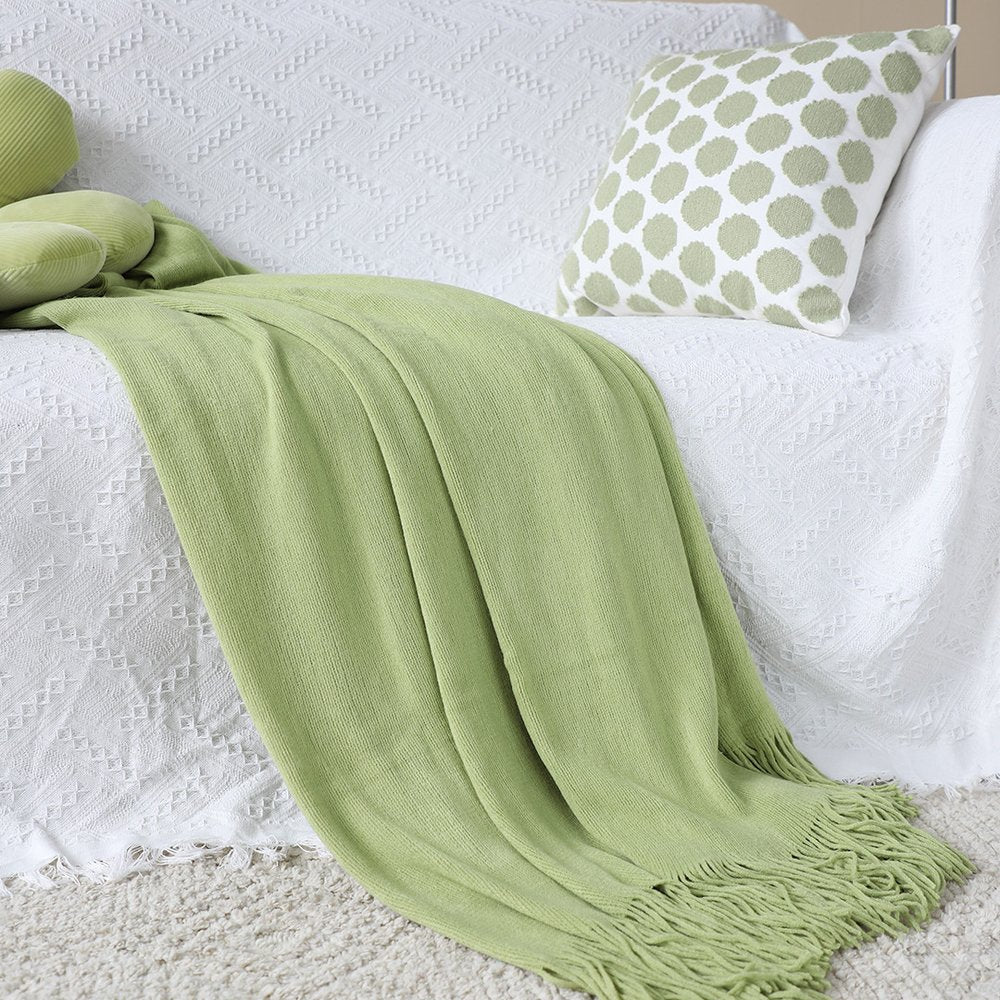 50" X 87" Green Acrylic Knitted Throw Blanket with Fringe
