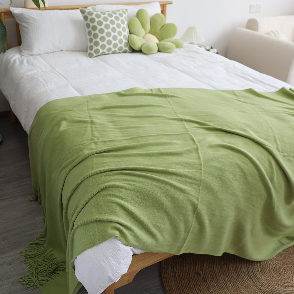 50" X 87" Green Acrylic Knitted Throw Blanket with Fringe