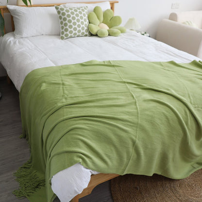 50" X 87" Green Acrylic Knitted Throw Blanket with Fringe