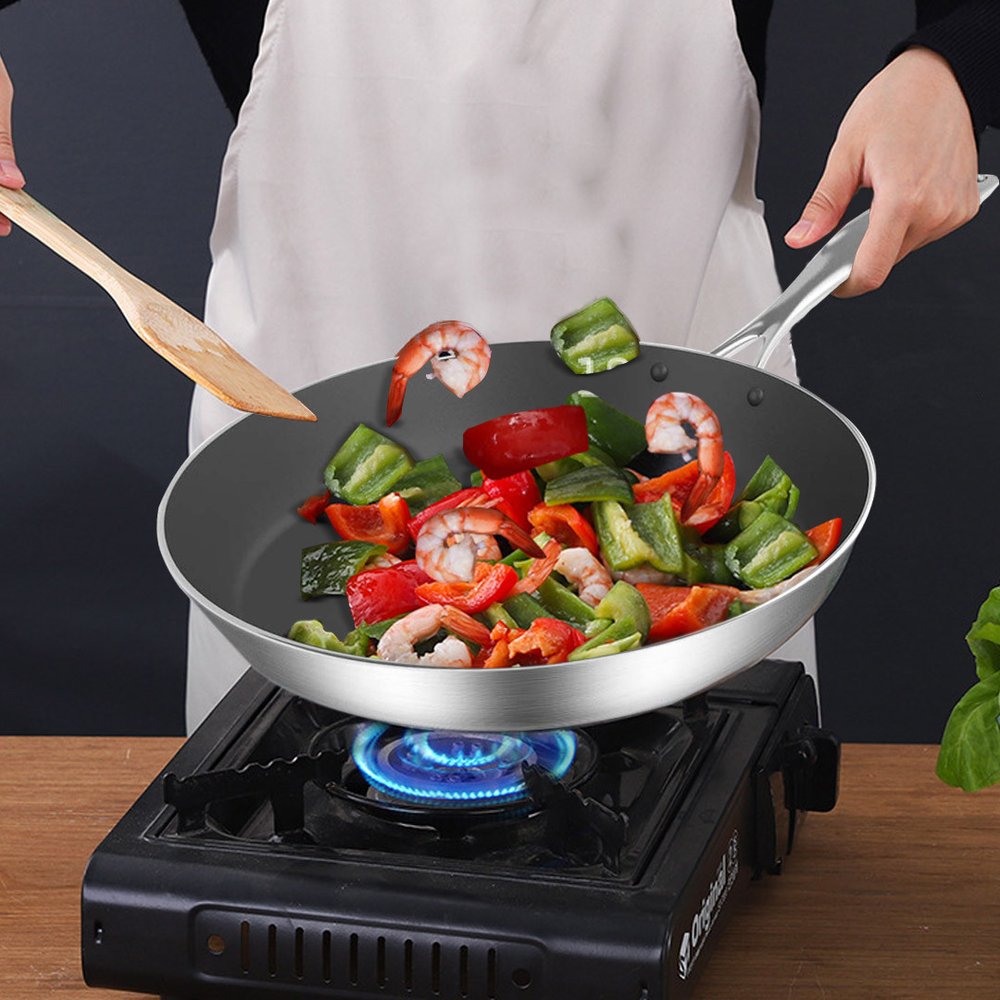 12" Black And Silver Stainless Steel Frying Pan