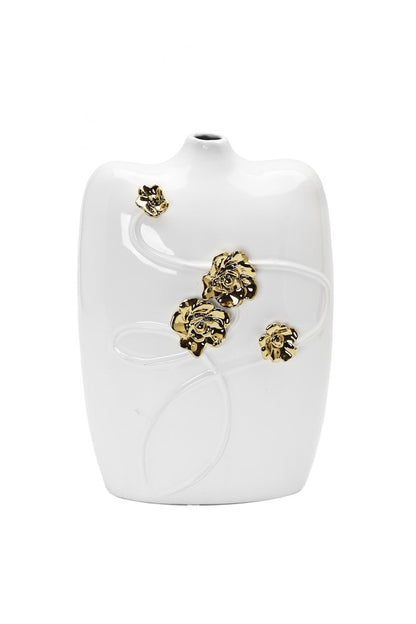 14" White Floral Ceramic Table Vase With Sculptural Details