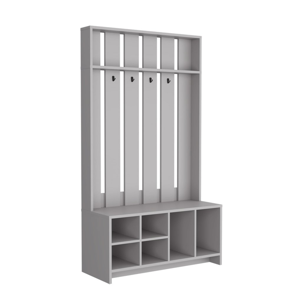68" Gray Wood Four Hook Coat And Shoe Rack