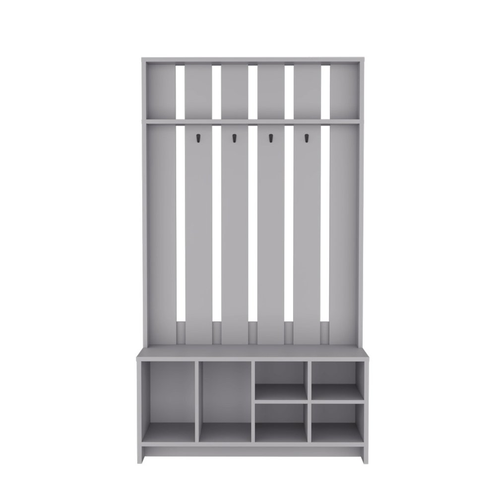 68" Gray Wood Four Hook Coat And Shoe Rack