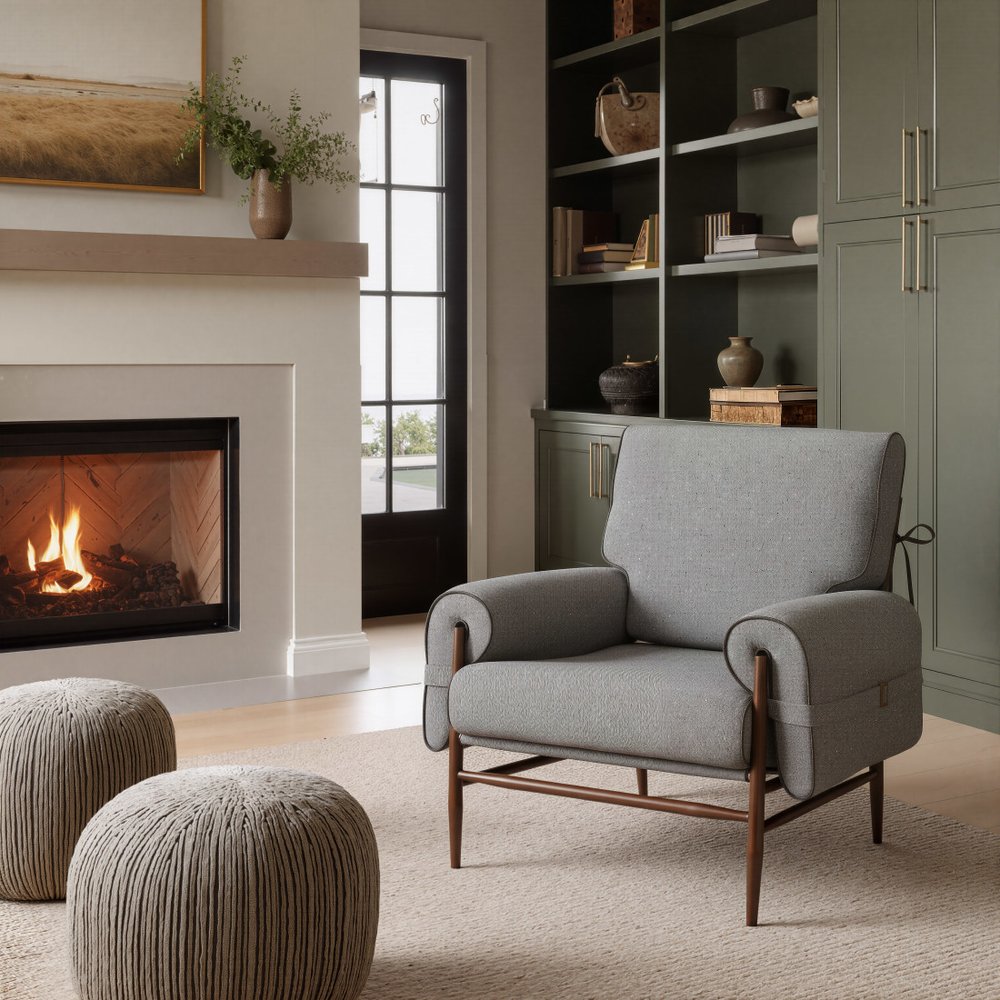 34" Gray And Brown Upholstered Arm Chair