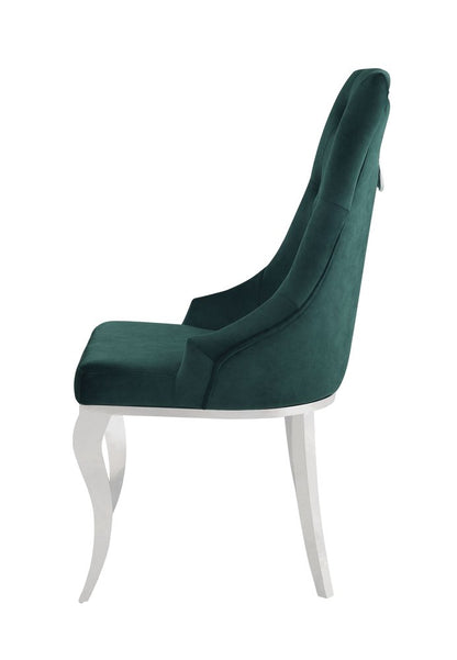 Set of Two Green and Silver Tufted Fabric Dining Side Chairs