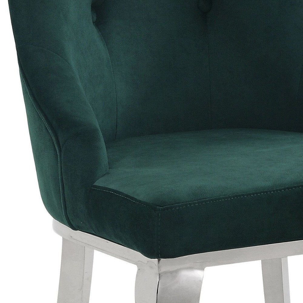 Set of Two Green and Silver Tufted Fabric Dining Side Chairs