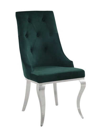 Set of Two Green and Silver Tufted Fabric Dining Side Chairs