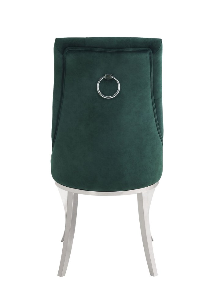 Set of Two Green and Silver Tufted Fabric Dining Side Chairs