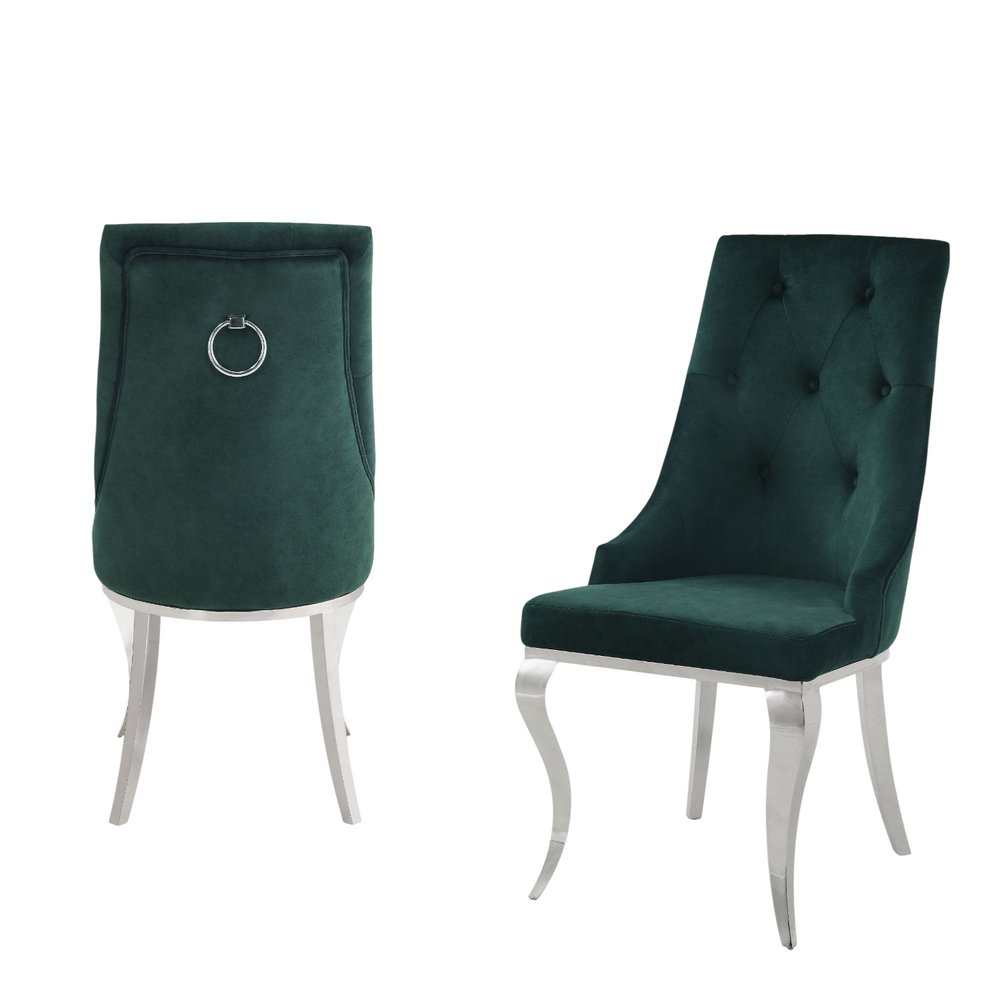 Set of Two Green and Silver Tufted Fabric Dining Side Chairs