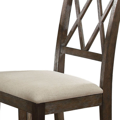 Set of Two Beige and Brown Linen Open Back Dining Side Chairs