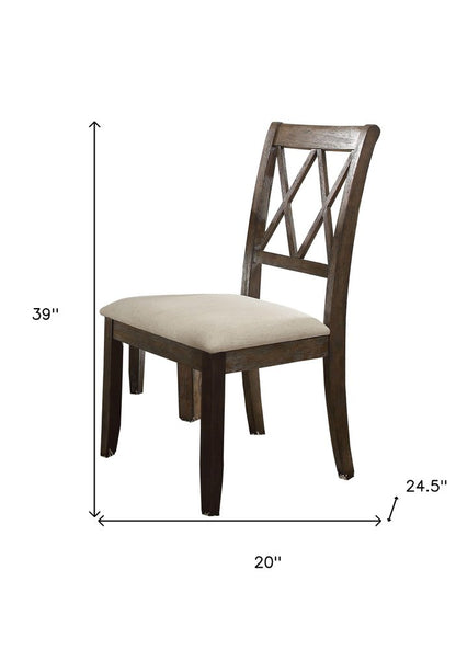 Set of Two Beige and Brown Linen Open Back Dining Side Chairs
