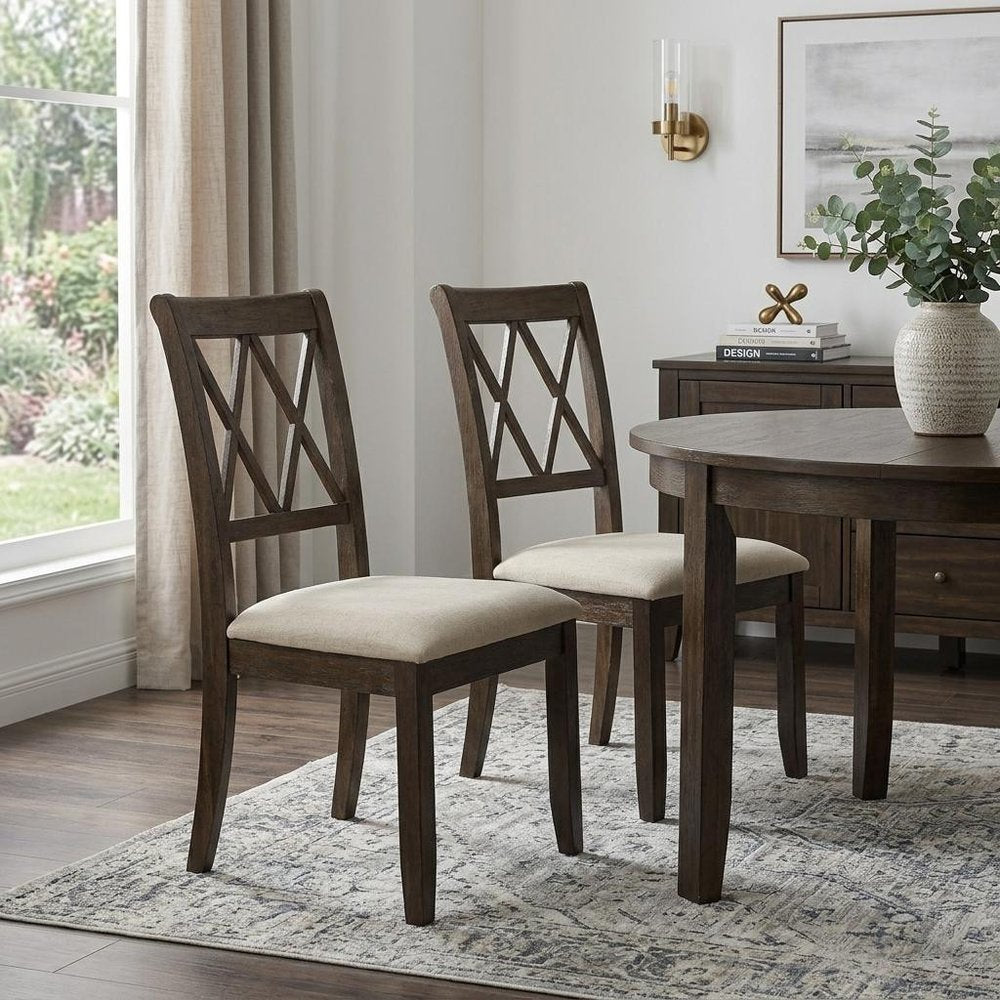Set of Two Beige and Brown Linen Open Back Dining Side Chairs