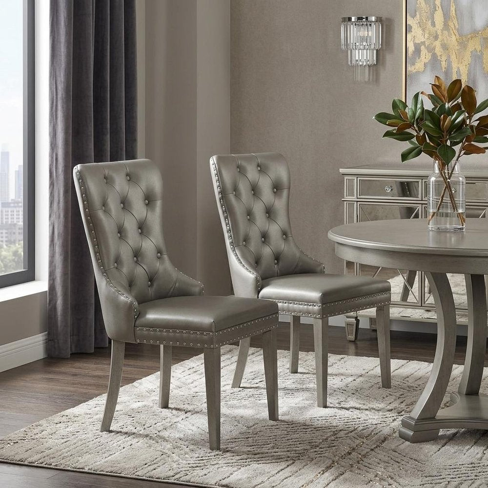 Set of Two Champagne Tufted Faux Leather Wing Back Dining Side Chairs