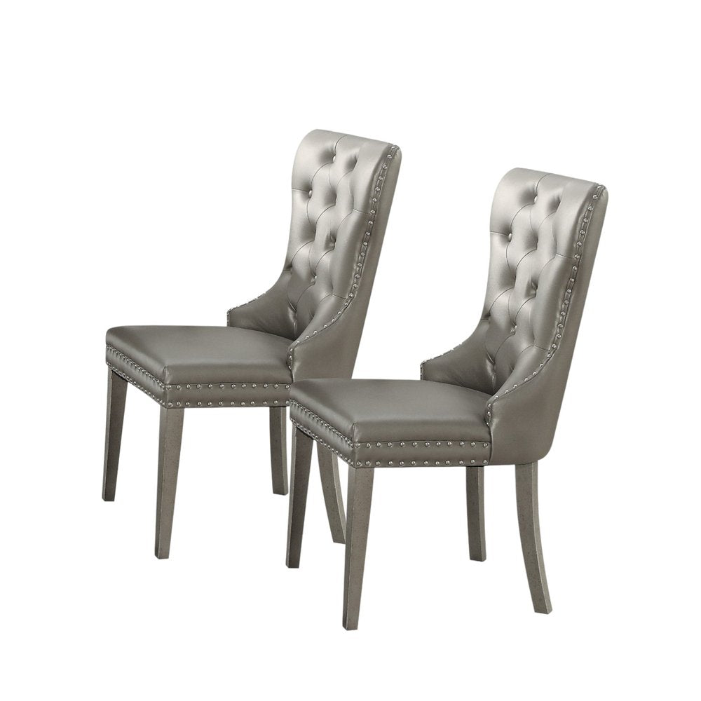 Set of Two Champagne Tufted Faux Leather Wing Back Dining Side Chairs