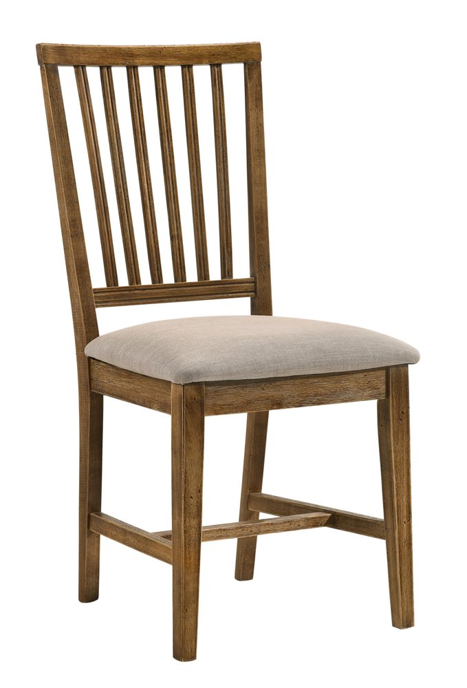 Set of Two Tan and Oak Linen Slat Back Dining Side Chairs