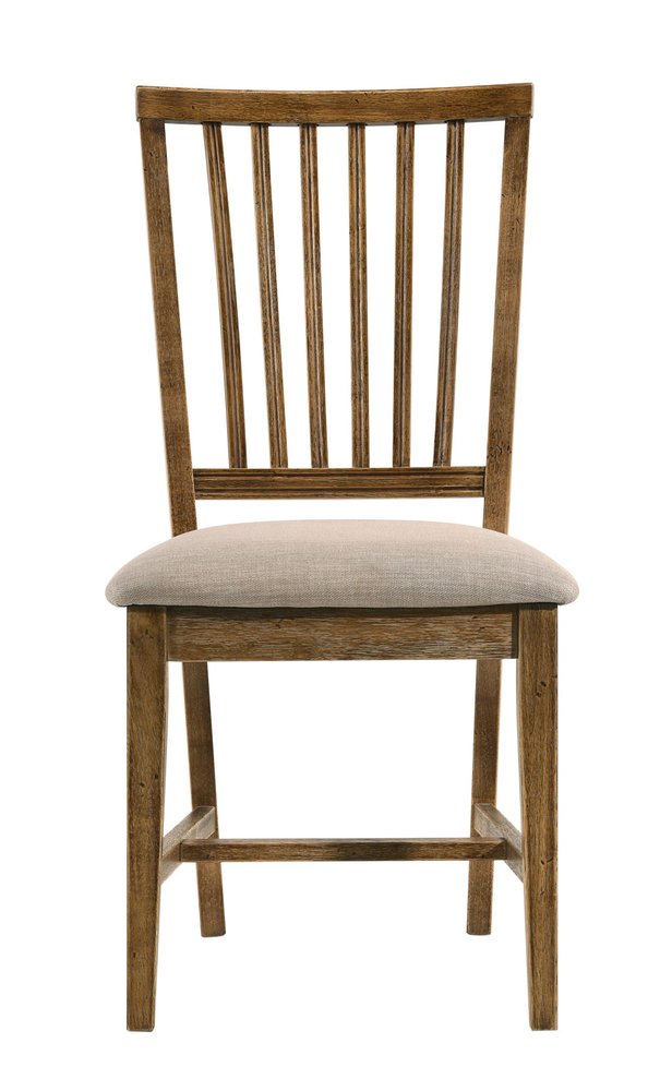 Set of Two Tan and Oak Linen Slat Back Dining Side Chairs